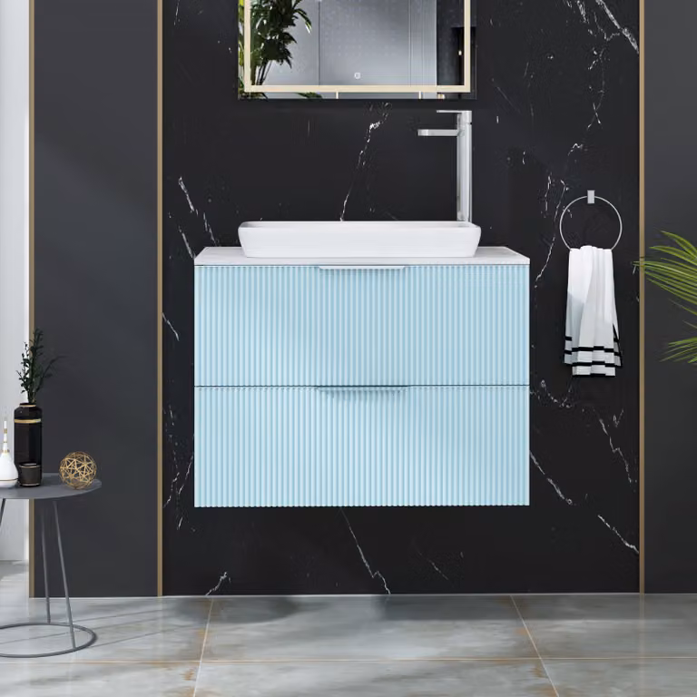 Royal Bathrooms Evora 700mm Powder Blue Fluted Wall Hung Vanity Unit with 2 Drawers and Qubix Basin