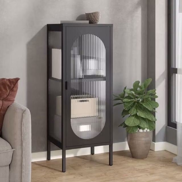 Berkfield Home Modern Black Sideboard with Glass and Metal, W/D/H: 40 x 35 x 105 cm
