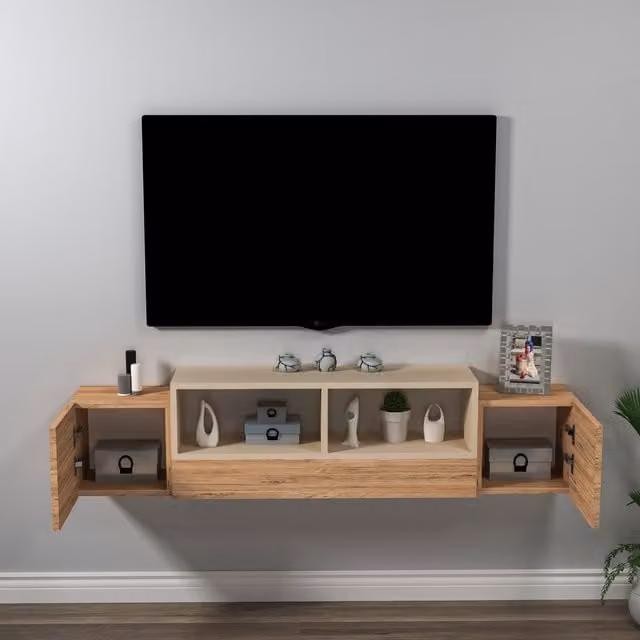 Destina Home Morica Floating TV Stand with Shelves and Cabinets in Atlantic Pine and Beige