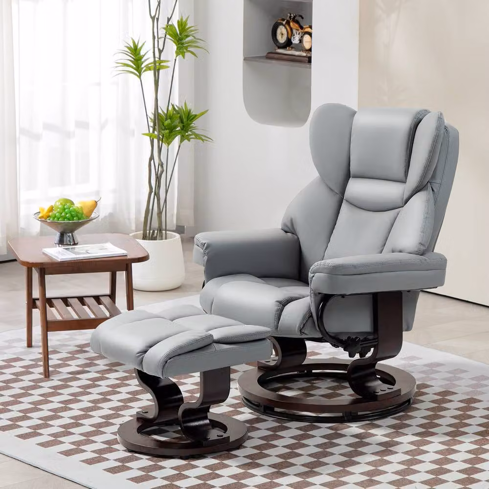 STILVORA Grey Synthetic Leather Recliner Chair with Ottoman and 360 Degree Swivel – 2