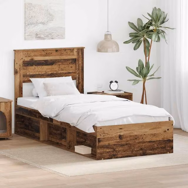 Berkfield Home Modern Bed Frame with Headboard in Brown Solid Pine and Engineered Wood, W/D/H: 100 x 200 cm – 1