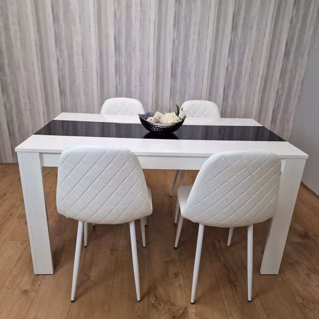 Kosy Koala Modern Rectangular Dining Table and Four Chairs Set in White and Black with Glossy MDF and Faux Leather Finish