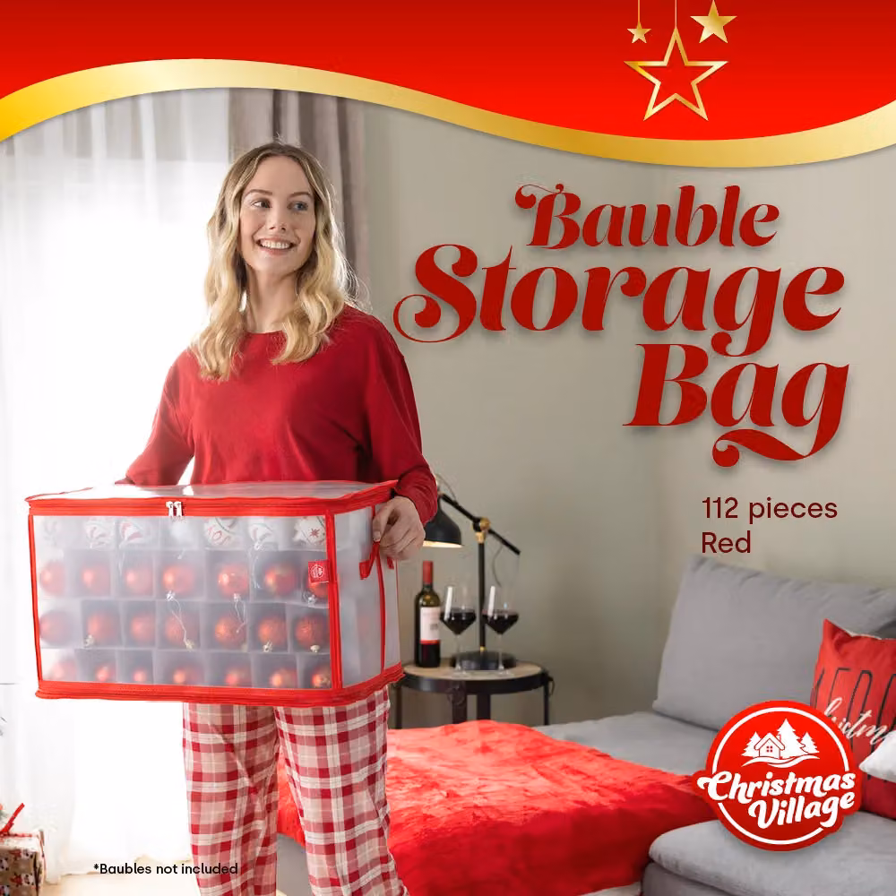 Christmas Village Red Christmas Bauble Storage Bag with Lid and Handles – 2