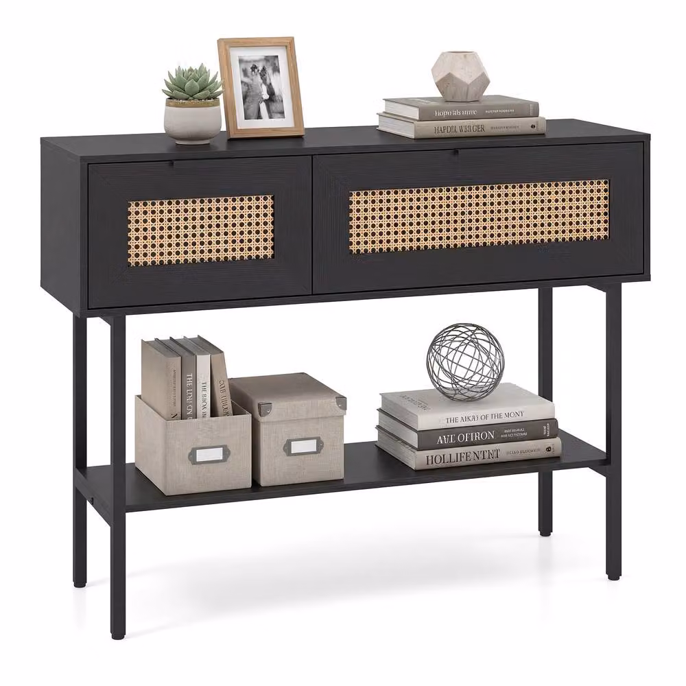 Costway Boho Rattan Console Table with Flip Doors and Open Shelf in Black – 2