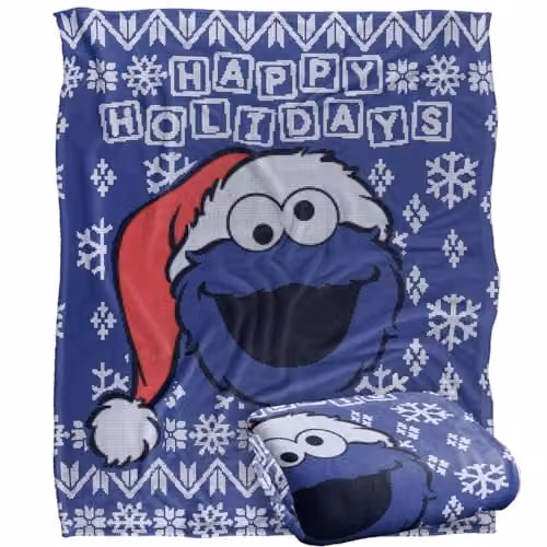 LOGOVISION Sesame Street Cookie Monster Ugly Christmas Sweater Super Soft White Throw Blanket W: 152 cm, D: 127 cm – 1