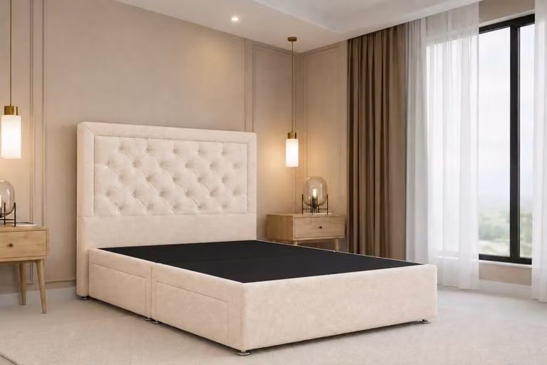 Chester & Oakley Valencia Plush Upholstered Divan Bed Base in Beige, W/D/H: 90 x 200 cm