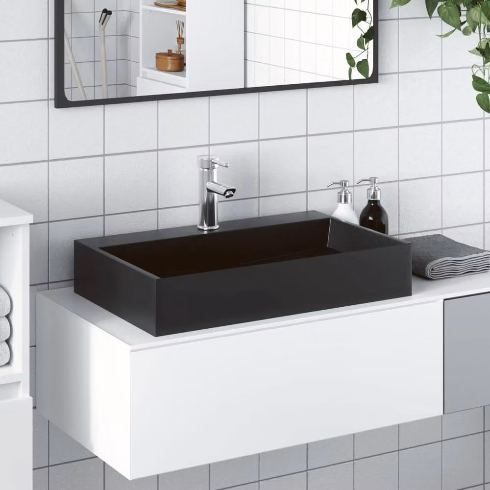 Berkfield Home Rectangular Sturdy Wash Basin in Matt Black, Mineral Cast, W/D/H: 60 x 38 x 11 cm – 2