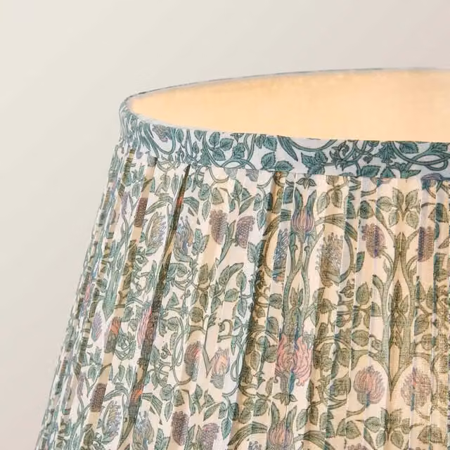 ValueLights Bobbin Printed Pleated Shade Wooden Bobble Floor Lamp in Brown and Multicolour