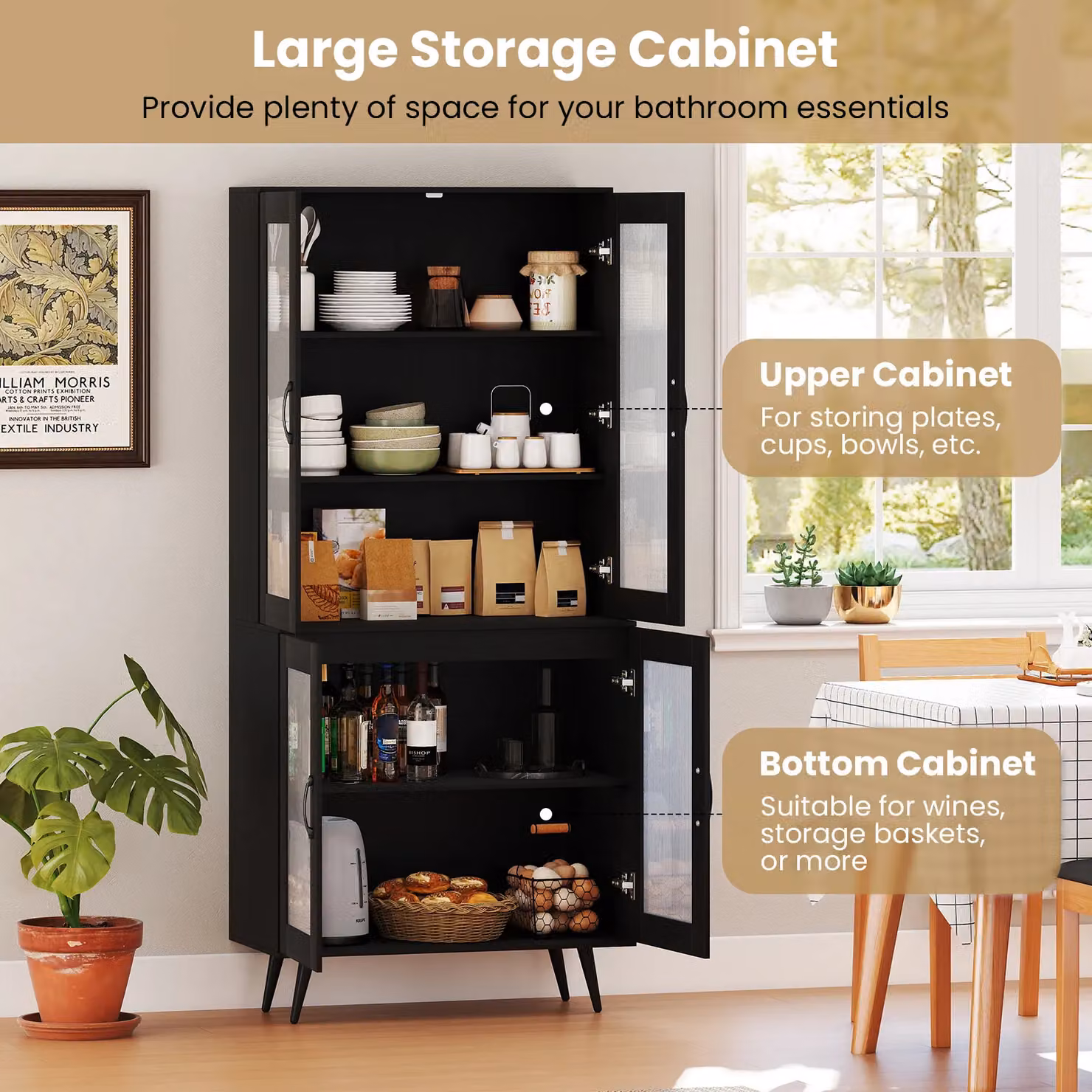 Gymax Modern Black Kitchen Pantry Cabinet with 4 Transparent Glass Doors, Height: 178 cm – 4