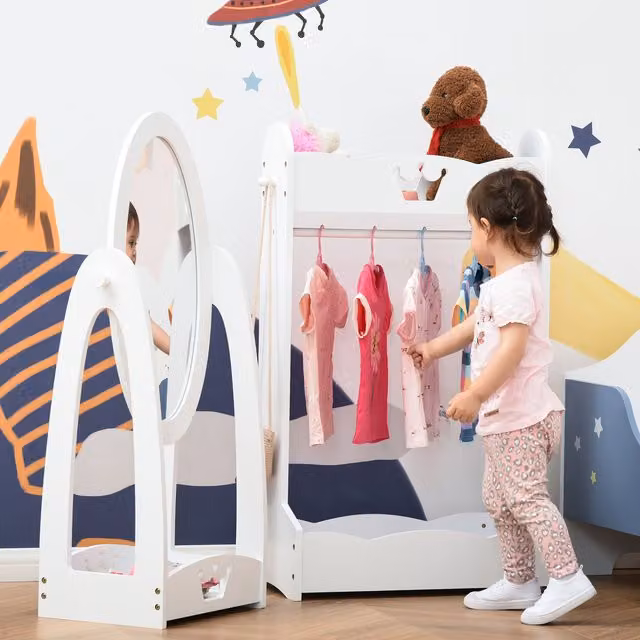 HOMCOM Kids Dressing Set with Clothes Rail and Dual Hooks, White