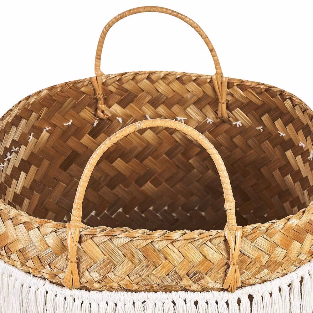 Wyld and Coco Boho Bamboo Basket with Handles, Blue and White Pattern, Diameter: 42 cm – 3