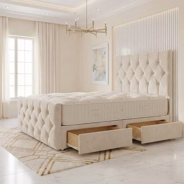 Somnior Ziggy Velvet Divan Bed with 2 Drawers and Spring Mattress in Beige/White, W/D/H: 90 x 190 x 28 cm