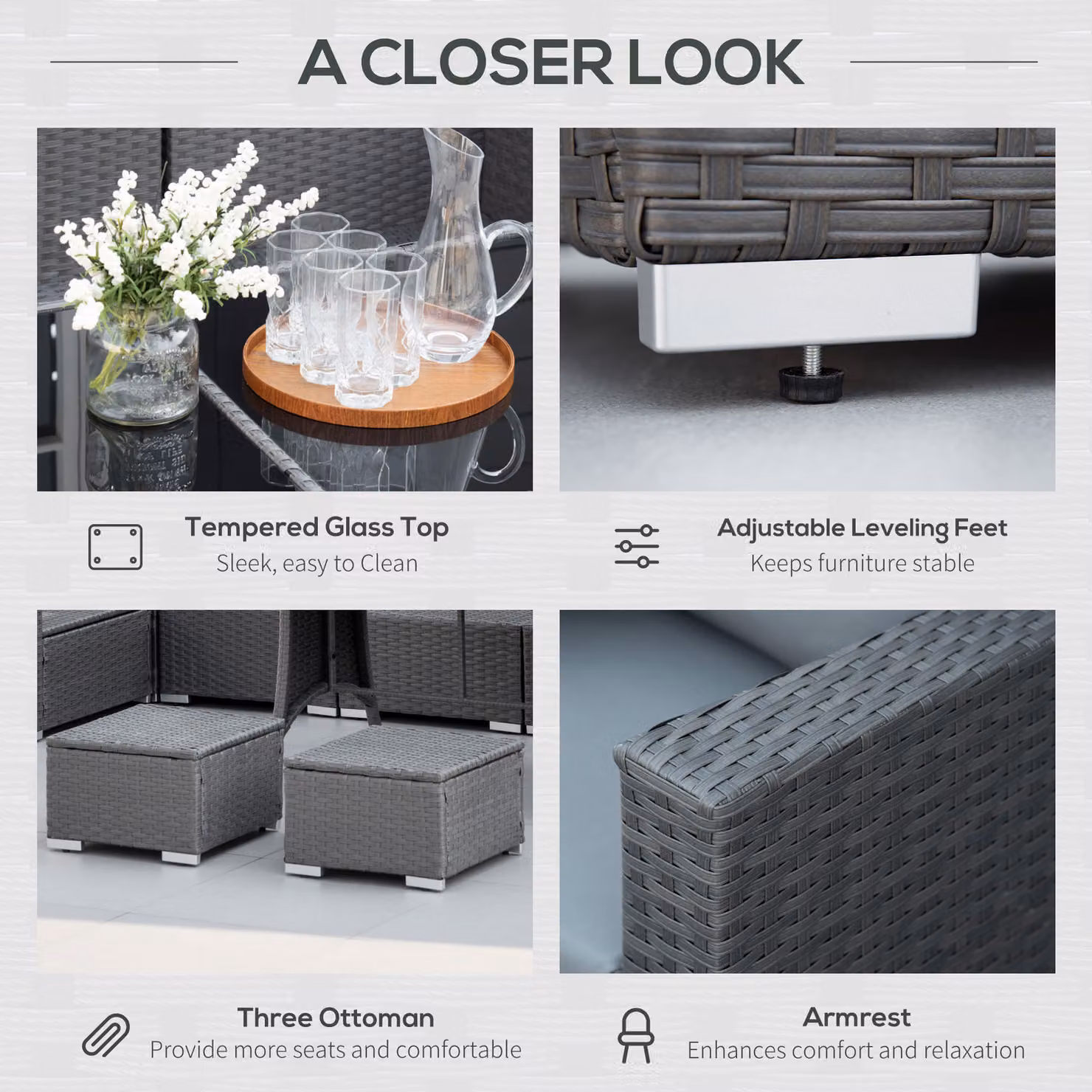 Outsunny 10-Piece Grey Rattan Corner Dining Sofa Set with Cushions and Glass Coffee Table – 5