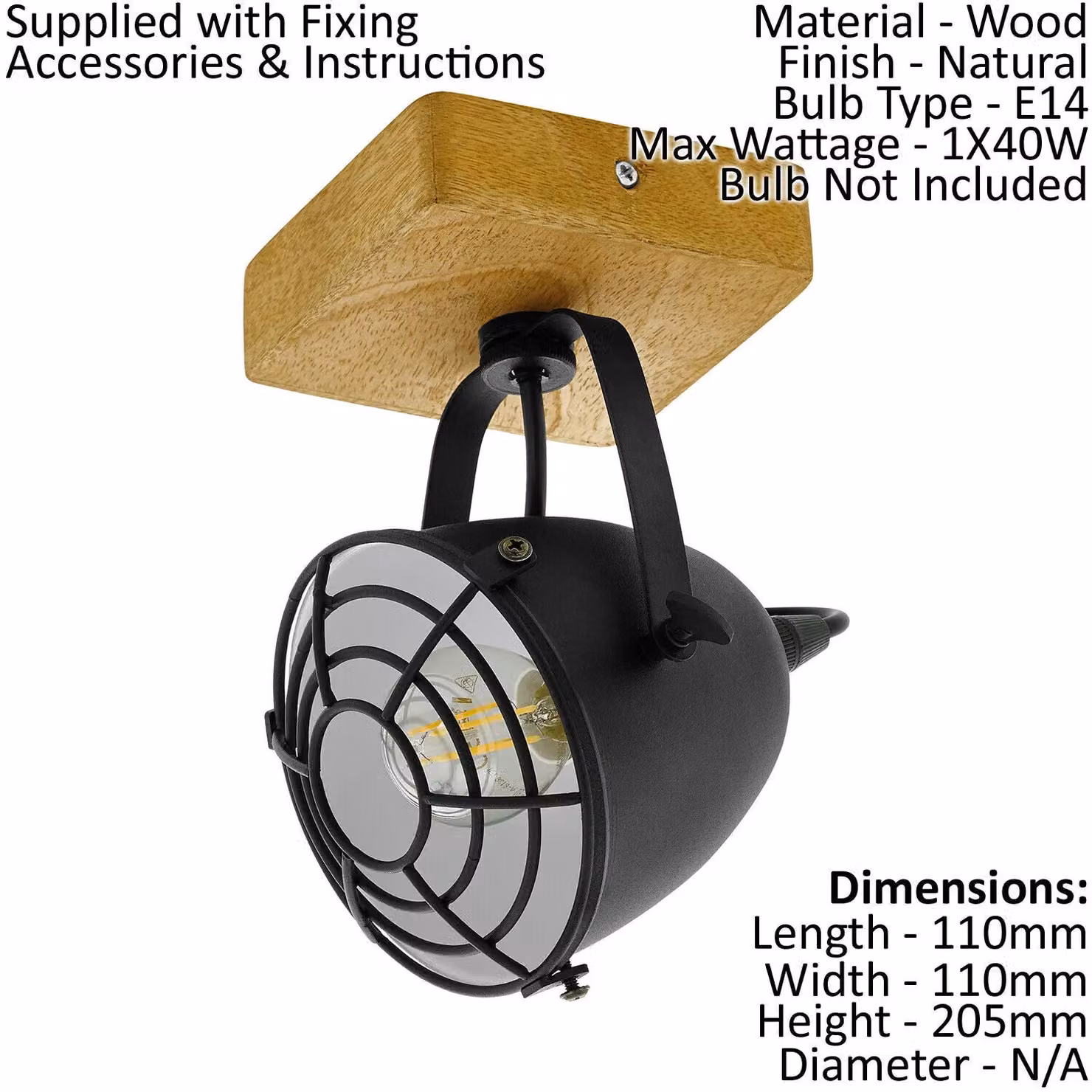 Loops 2 Pack Adjustable Wall and Ceiling Spotlight in Black and Wood with E14 40W Bulb – 2