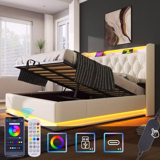 Matteo Upholstered King Ottoman Bed in White with 360 Surround LED Function and USB Charging Port, W/D/H: 150 x 200 cm