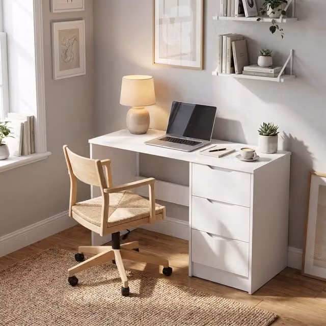 FWStyle Luno 3 Drawer Dressing Table Vanity Desk with Deep Handleless Drawers in White
