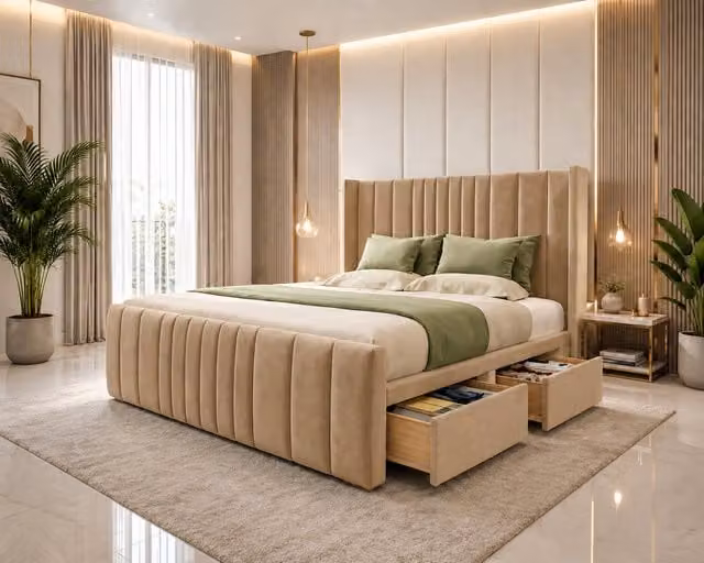 K Mehmood Enterprise Ltd Premium Orthopaedic Divan Bed Set with Drawers and Headboard in Beige Fabric