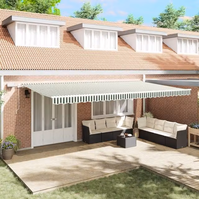 Berkfield Home Manual Retractable Wall-Mounted Awning with LED, Green and White Striped, W: 600 cm, D: 300 cm – 1