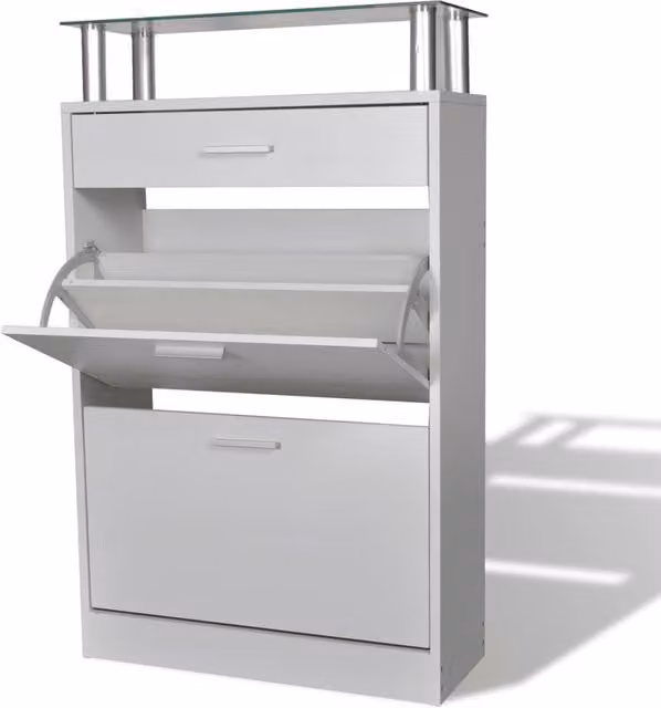Berkfield Home White Wood Shoe Cabinet with Drawer and Glass Top Shelf