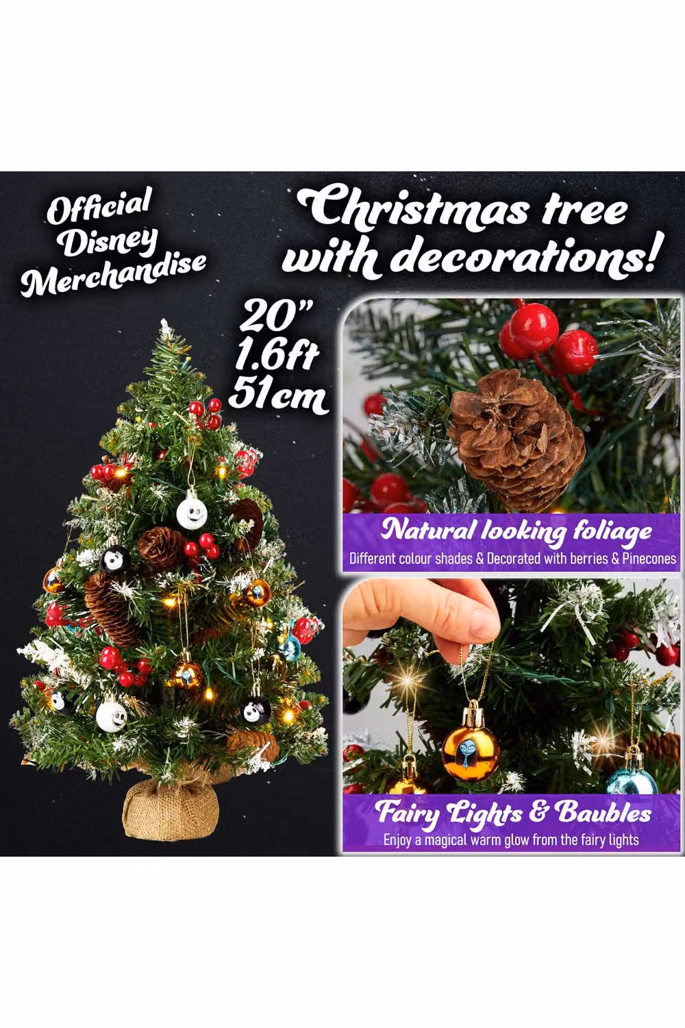 Disney Nightmare Before Christmas Tabletop Christmas Tree with 12 Baubles and LED White String Lights in Multi Colour – 7