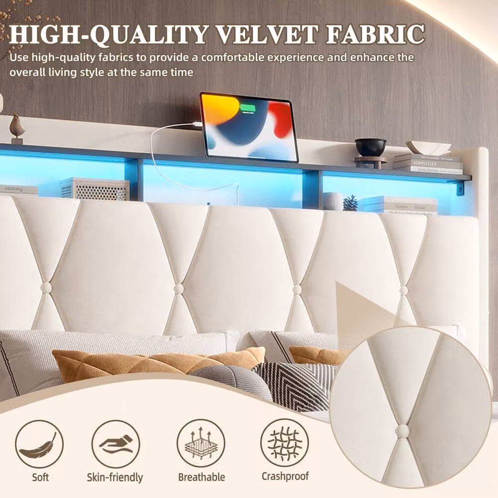 Matteo Beige Velvet Double Bed Frame with LED Lighting, USB Charging and Hydraulic Storage, W/D/H: 140 x 200 cm – 5