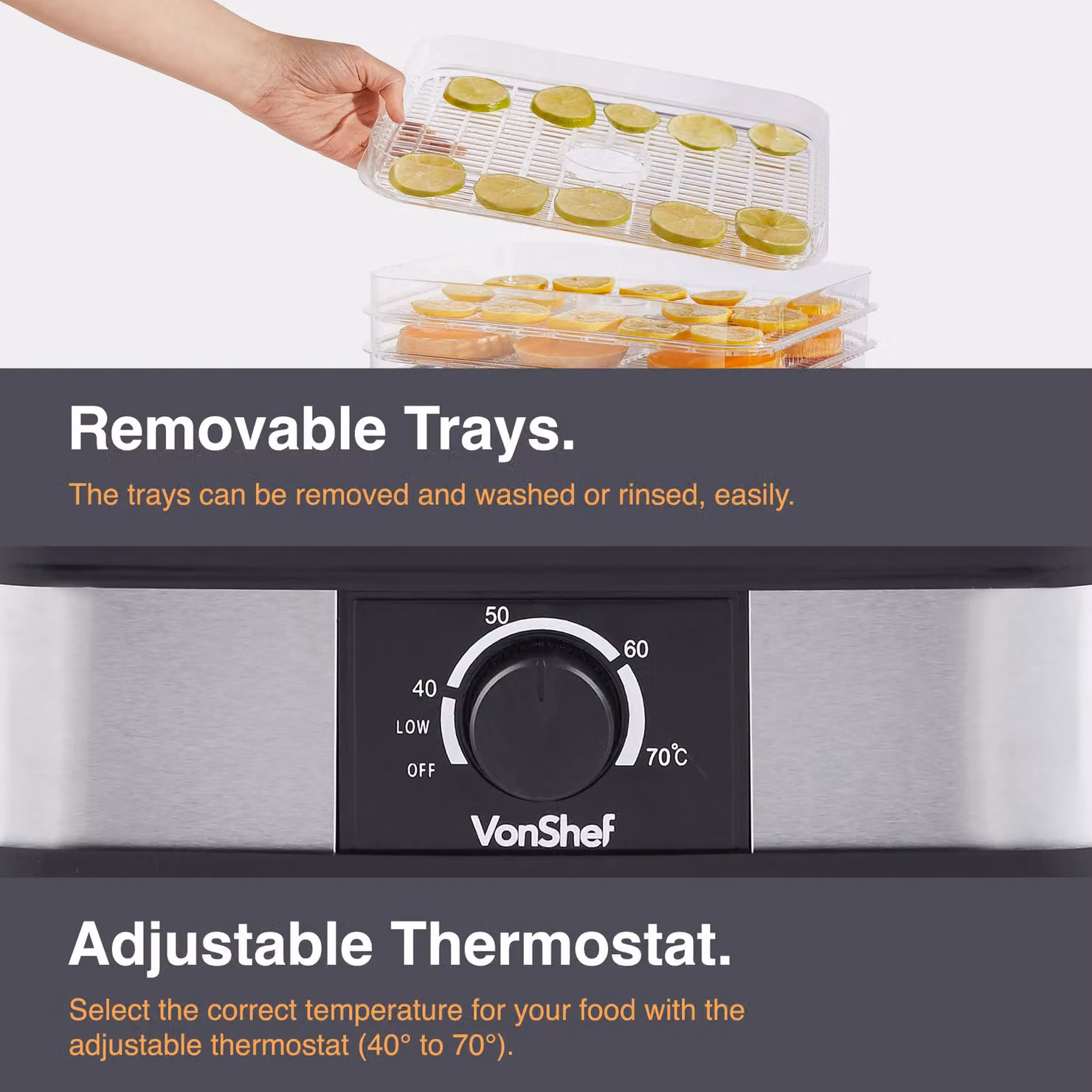 VonShef 5 Tier Temperature Controlled Food Dehydrator in Silver Stainless Steel – 3