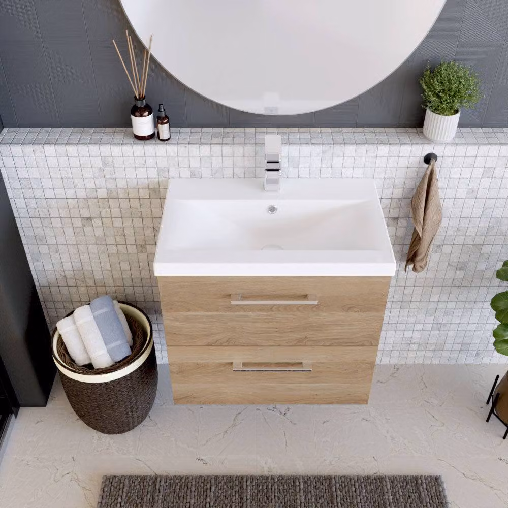 Balterley Contemporary Wall Hung Bathroom Vanity Unit with 2 Soft-Close Drawers and Mid-Edge Ceramic Basin, Bleached Oak, W: 61 cm, D: 39 cm, H: 58 cm – 3