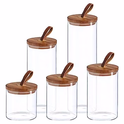 Argon Tableware Scandi Airtight Glass Storage Jar Set with Wood and Silicone Lids, 5 Pieces, Transparent