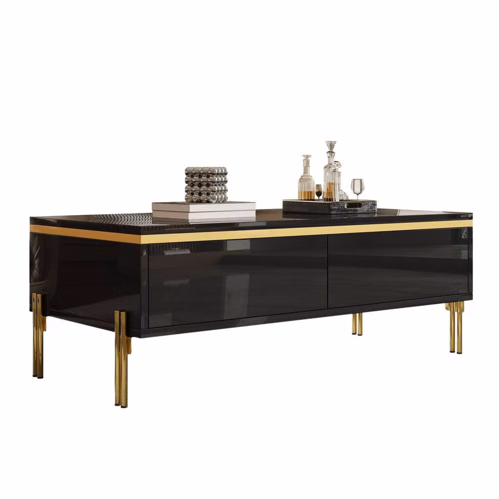 ModernLuxe High Gloss Rectangular Coffee Table with Drawers in Black and Gold – 2