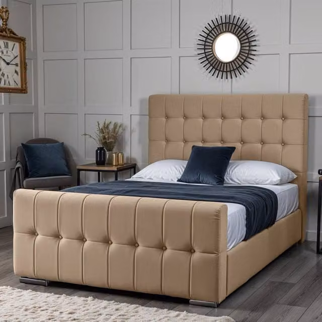 UK Bed Furniture Orlando Modern Upholstered Bed in Beige, Size: Super King (200 x 200 cm)