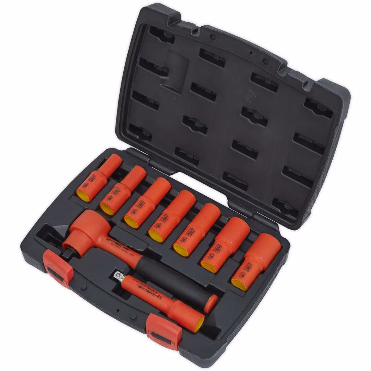 Loops 9pc VDE Insulated Socket and Ratchet Handle Set, 3/8 inch Square Drive, 6 Point Metric, Red and Multicolour – 3