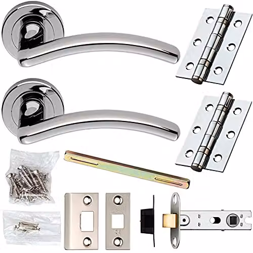 Loops Chrome Modern Arched Curved Bar Door Handle and Latch Pack with Rosette Set