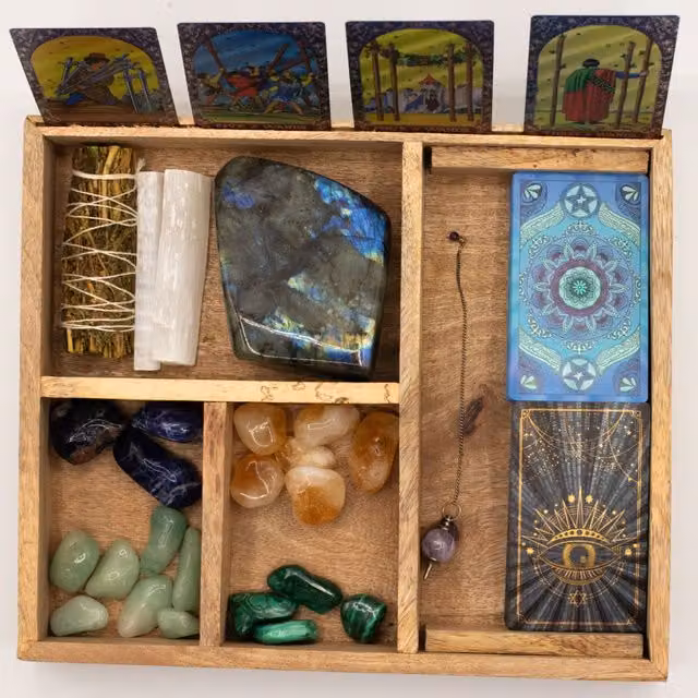 KDMK Brown Wooden Four Section Tarot Box with Card Holder and Crystal Storage