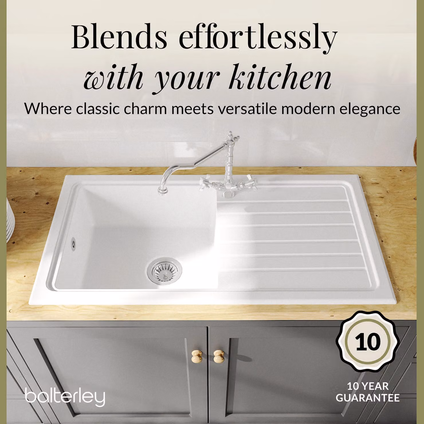 Balterley White Ceramic Fireclay Drop In 1 Bowl Sink with Drainer Tap Waste, Width: 1010 mm – 3