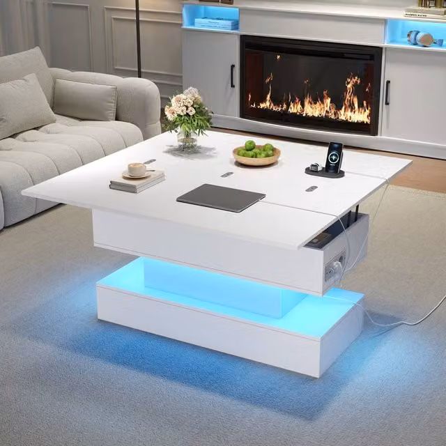 Rolipo Expandable Smart Centre Table with Power Outlets and Hidden Storage in White, 2 Pack – 1