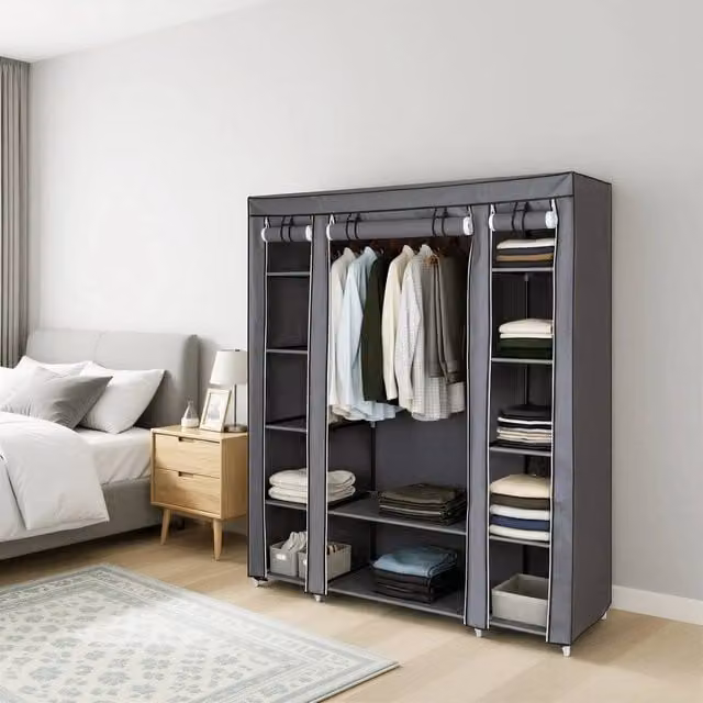 KORVIXA Grey Fabric Wardrobe with Metal Frame and Internal Shelves, W: 90 cm – 1