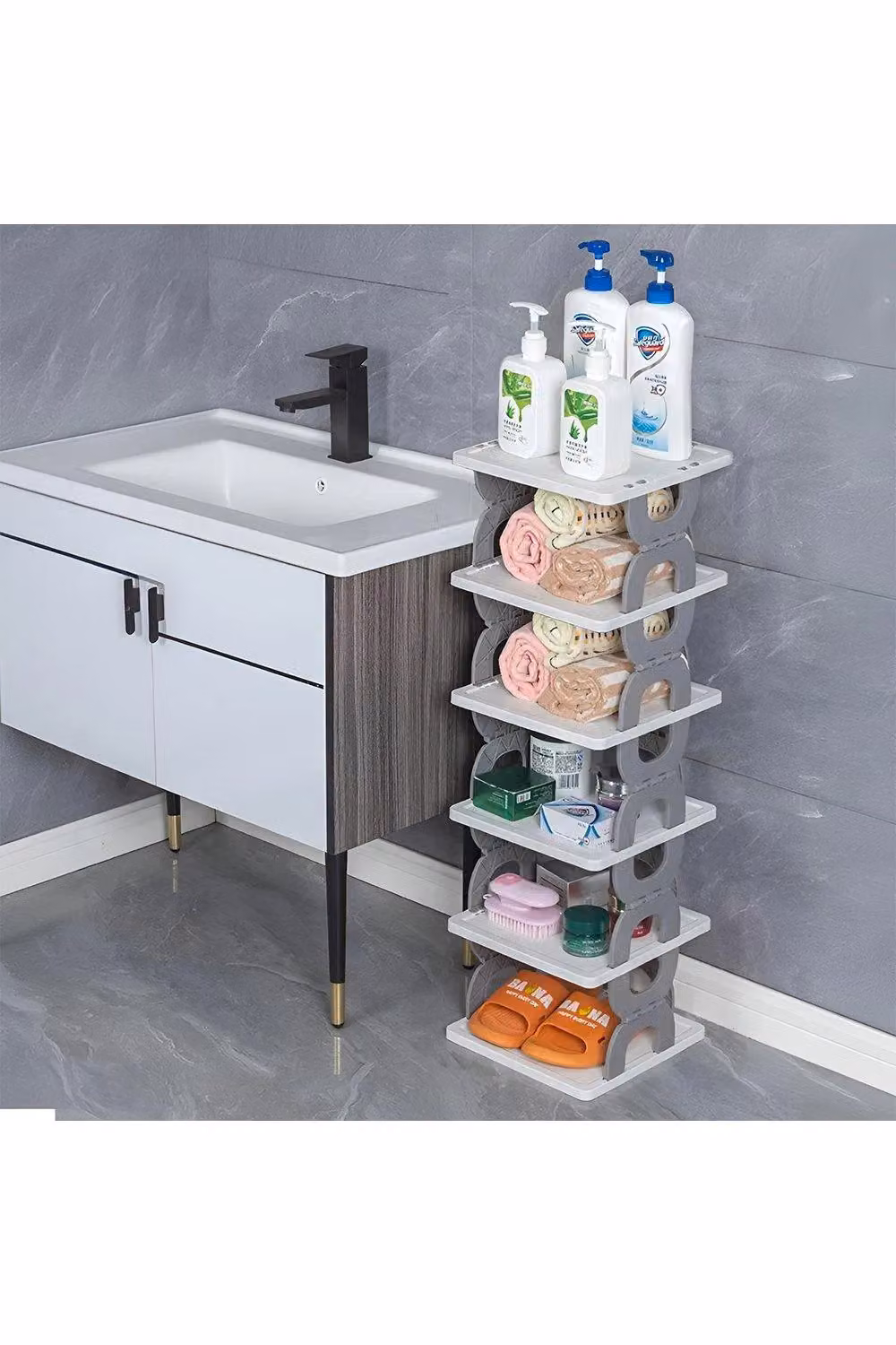 H&O Direct 6-Tier Foldable Plastic Shoe Rack in Grey – 3