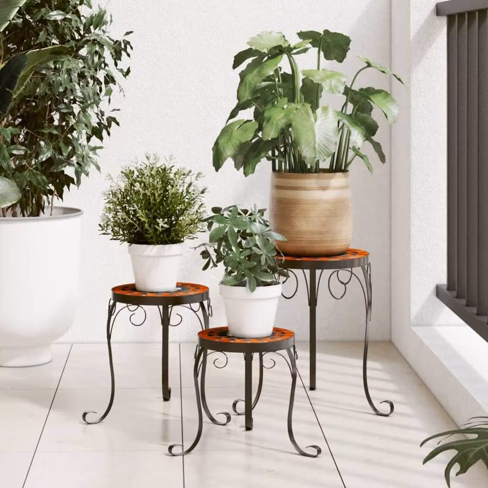 Berkfield Home Set of 3 Mediterranean Style Ceramic and Metal Plant Stands in Orange and White – 2