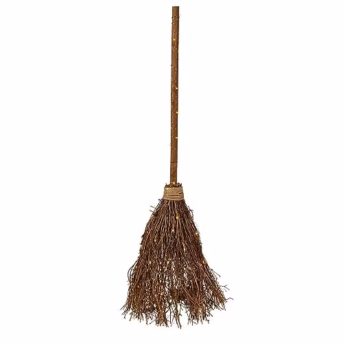 Lights4fun Wooden Halloween Witches Broomstick with 50 Micro LEDs and Timer, H 100cm, Brown and White – 3
