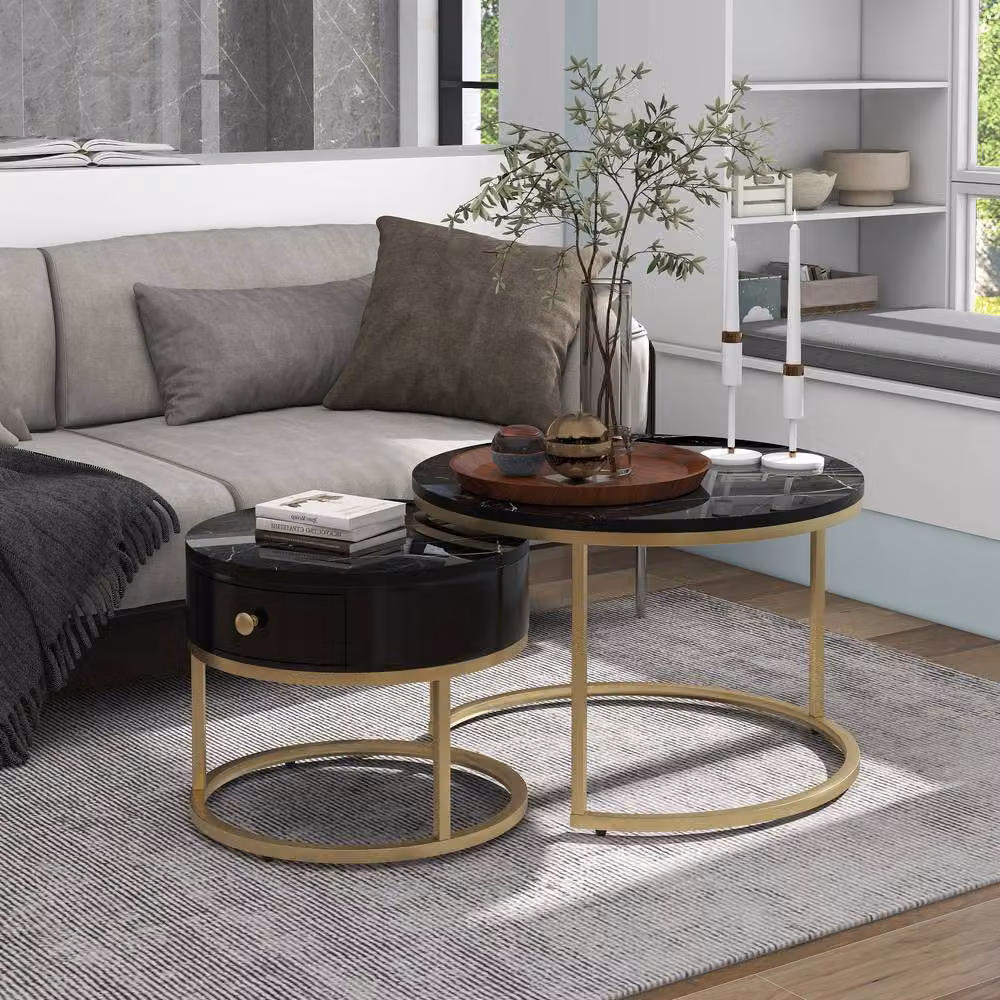 Matteo Round Nesting Coffee Table Set with Black and Gold Marble Pattern – 2