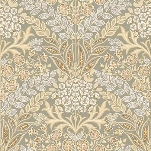 Grandeco Belevedere Arts and Crafts Floral Damask Wallpaper in Taupe, Beige and Green – 1