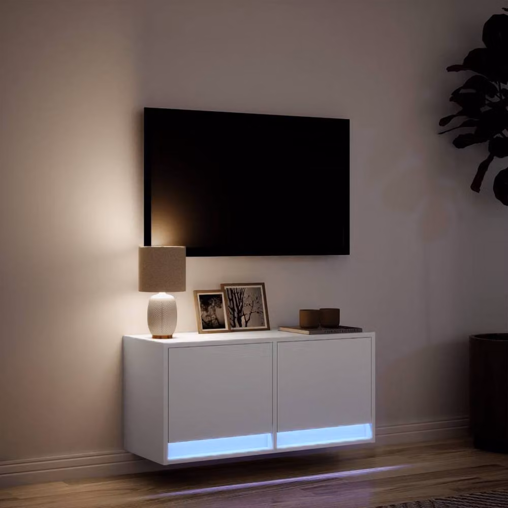 Berkfield Home TV Wall Cabinet with LED Lights in White, W/D/H: 80 x 31 x 38 cm – 3