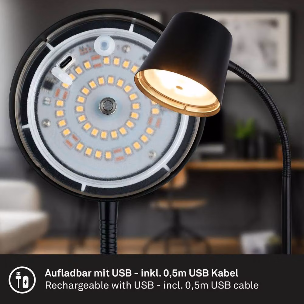 Briloner Black LED Rechargeable Table Lamp with Touch Control and Adjustable Gooseneck – 3