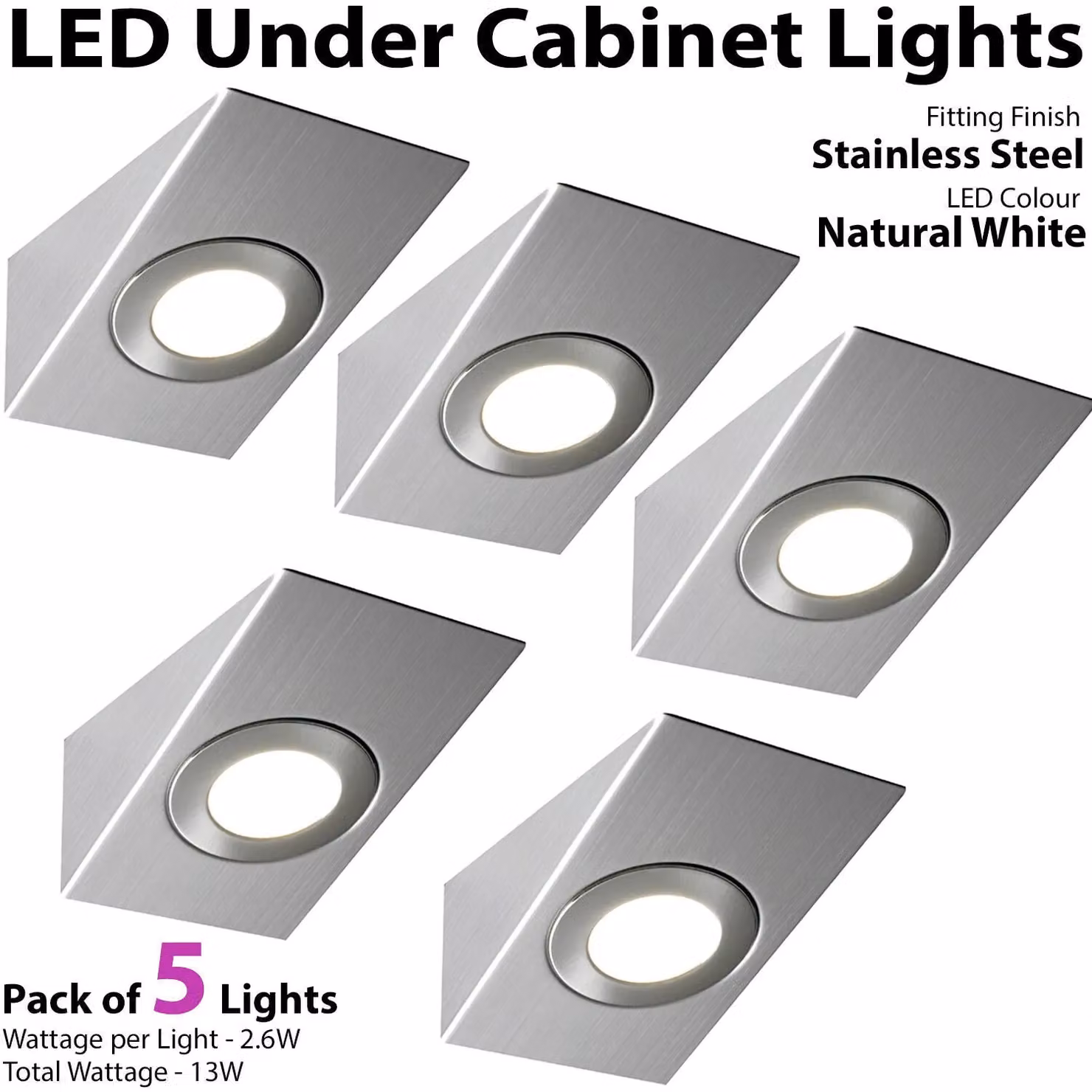 Loops 5x Brushed Nickel Wedge Surface Under Cabinet Kitchen LED Light and Driver Kit in Silver – 3