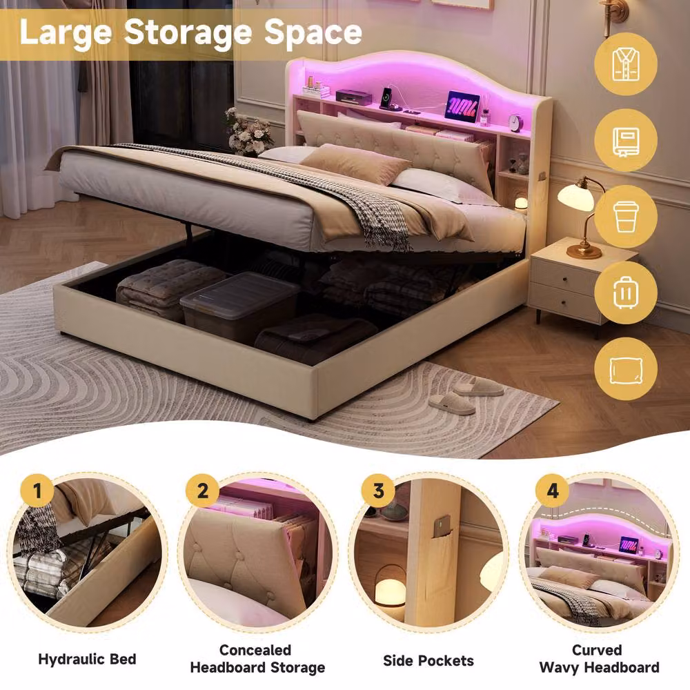 Matteo King Upholstered Bed Frame in Beige with Hydraulic Storage, LED Headboard and USB Charging Port, W/D/H: 180 x 200 x 157 cm – 3