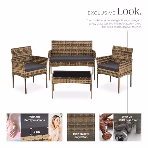 tectake 4-Seater Rattan Garden Furniture Set with 2-Seater Sofa, 2 Lounge Armchairs, Coffee Table and Upholstered Cushions in Grey and Brown – 3