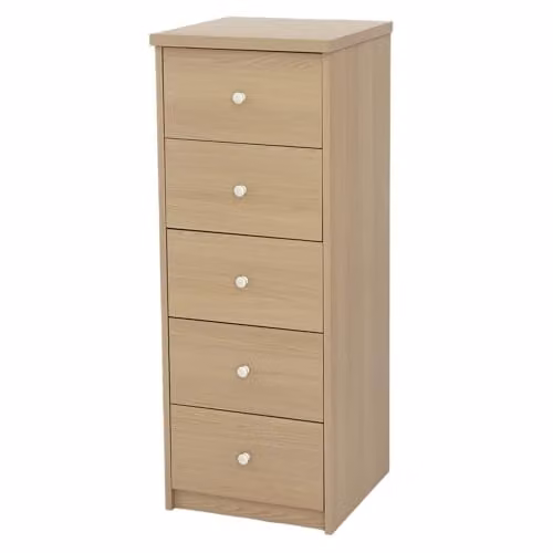 Core Products Freya 5-Drawer Narrow Chest of Drawers in Brown with Silver Metal Hardware