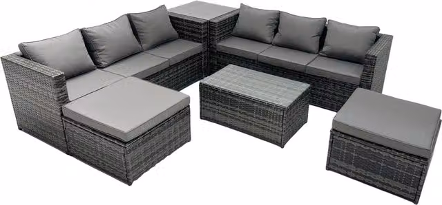 Fimous 8-Seater U-Shape PE Rattan Garden Sofa Set with Ottoman and Tempered Glass Coffee Table in Dark Grey Mixed