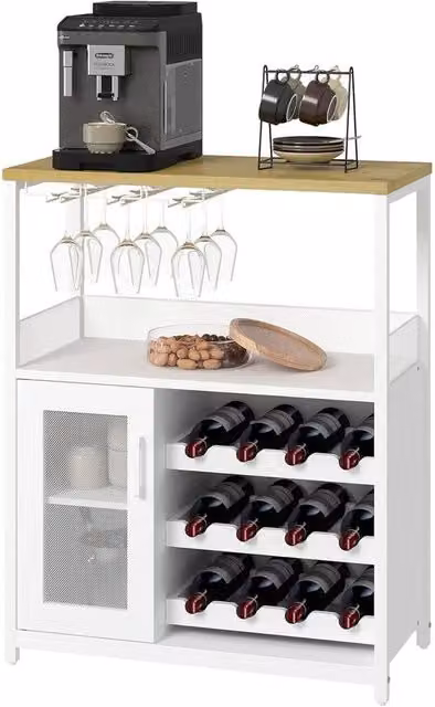 KORVIXA 3 Tier Wine Bar Cabinet with Glass Rack and Storage Shelves in White – 1