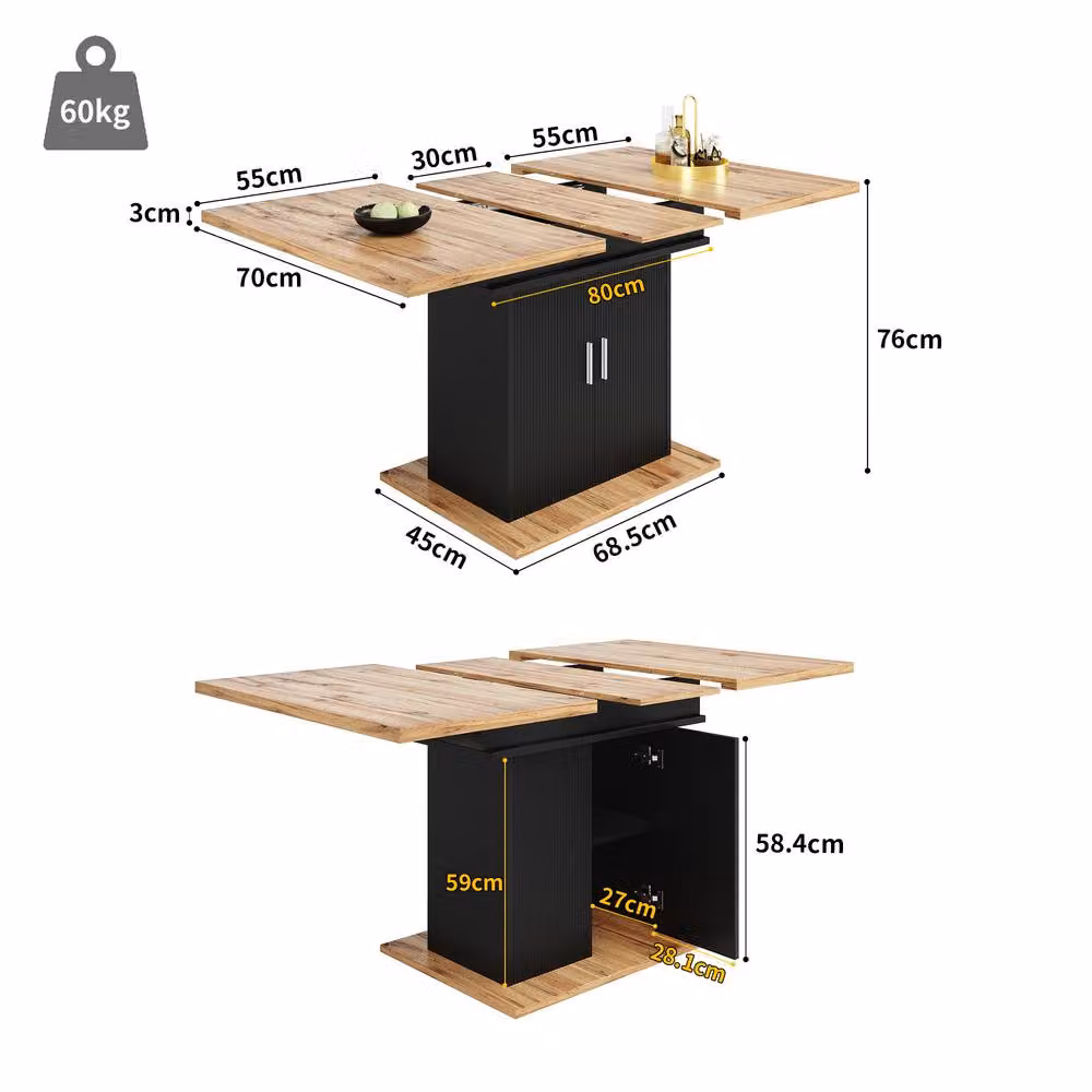BTM Extendable Black Dining Table with Storage Shelves and Telescopic Pull-out Feature, W/D/H: 120 x 70 x 76 cm – 3